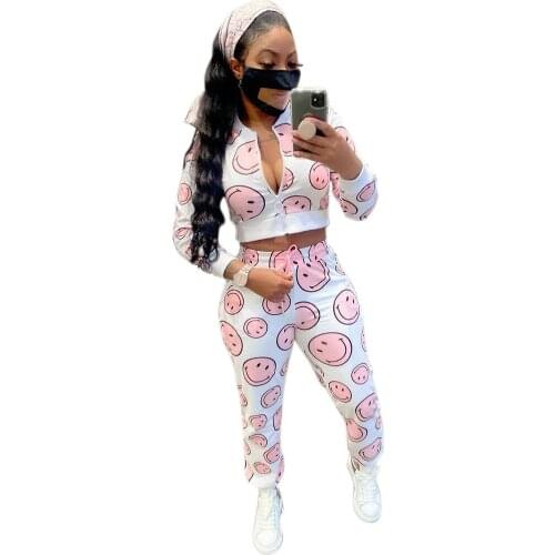 RStylish Autumn Smiley Face Pattern Printed Long Sleeve Zip Crop Top Sports Pants Streetwear Women Two Piece Set