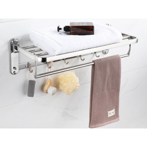 304 Stainless Steel Towel Rack Double Shower Rack Bathroom Accessories Folding Wall Hanging Storage Hook Hanger Silver Shelf