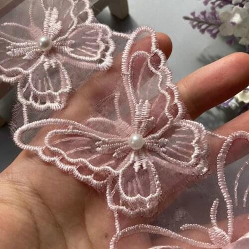 1 Yard Pink Mesh Bowknot Rhinestones Embroidered Lace Trim Ribbon Patches Applique Fabric DIY Wedding Dress Sewing Supplies