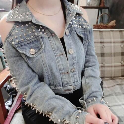 Fashion Women Denim jacket Handmade Washed Rivets Short Denim Jackets Sexy Off The Shoulder Punk Rock Denim jacket Coat