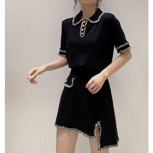 Trend Summer Women Patchwork 2pcs Set Irregular Knitted Mini Skirt Turn-down Collar Button Short Sleeve T-Shirt