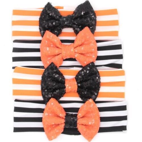 12pcs/lot NEW 4'' Big Sequin Bow Halloween Headwrap Hair Headbands Fashion Striped Hair Bands Hairbow Headwear