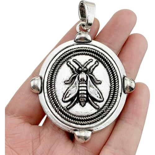 2 x Antique Silevr Color Large Round Bohemia Bee Honeybee Insect Charms Pendants for Necklace Jewellery Making 76x55mm
