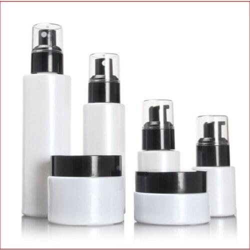 20/30/50/40/60/80/100/120ML white Empty glass bottle/jar lotion/mist spay pump Cosmetic Packing w black cap Refillable Bottles