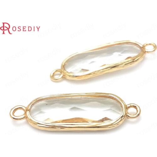 C606)10 pieces 29x9mm 24K Champagne Gold Color Brass + White Glass 2 Holes Rounded Rectangle Connect Charms Pendants Findings