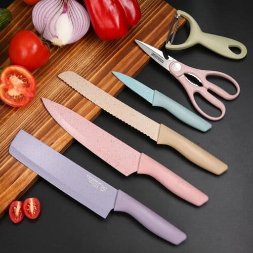 EVERRICH ER-0278 6PCS Kitchen Knife SetCorrugated Colorful Stainless Steel Chef Knife Bread Knife Cleaver Scissors for Kitchen