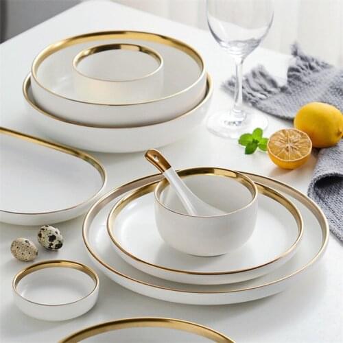 European Minimalist White/Black Round Phnom Penh Ceramic Dinner Plate Set Porcelain Steak Tableware Rice Soup Bowl Spoon Dish