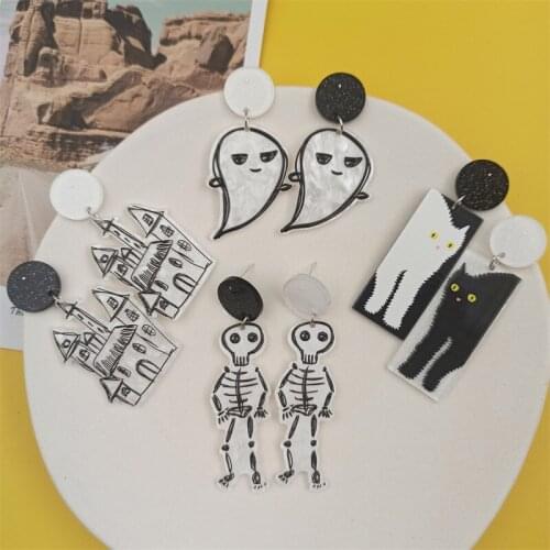FIMAODZ Skull Earrings for Women Black Cat White Ghost Halloween Theme Style Dangle Earings Fashion Jewelry
