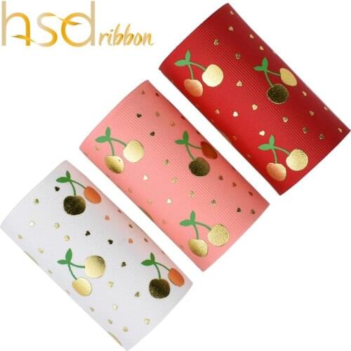 HSDRibbon 75mm 3 inch Cherry Pattern in gold foil and ink on Solid Grosgrain Ribbon for hair bow 10Yards/Roll 50Yards/Roll