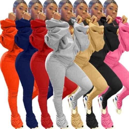 2020 New Arrival Women Fall Outfits Bubble Coats Sexy Backless Hooded Stack Pants two Piece Pant Set