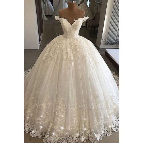 New Arrivals Ball Gown Tulle Lace Wedding Dresses Charming Sweep Train Off the Shoulder Sweetheart Robe De Mariee