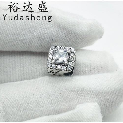 Silver Square Sparkle Halo Charm Bead-set Transparent Cubic Zirconia, and Decorated with Two Claw-set Octagonal Cubic Zirconia