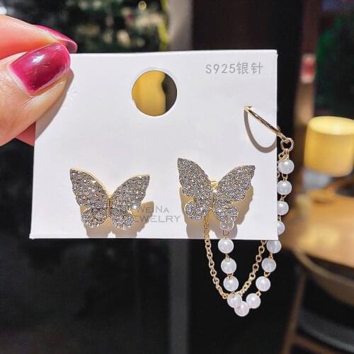 Korean Earings Fashion Jewelry Asymmetrical Rhinestone Butterfly Simulation Pearl Stud Earrings Statement Earrings For Women