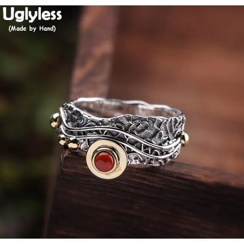 Uglyless Ethnic Thai Silver Phoenix Feather Rings for Women Real 925 Silver Open Rings Agate Gemstones Bijoux Fine Jewelry R829