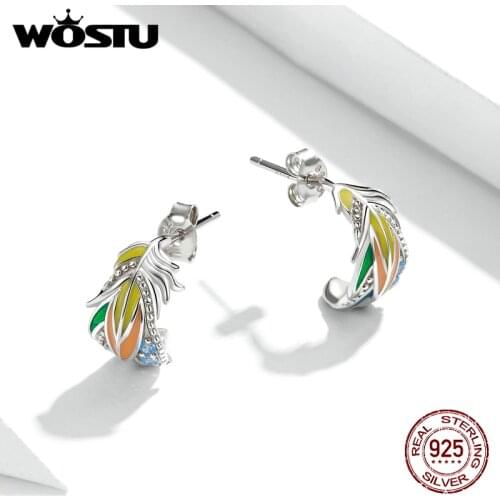 WOSTU Colorful Featthers 925 Sterling Silver Fashion Earrings Stud Earrings For Women Sterling Silver Jewelry BKE1128