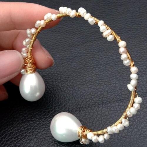 YYGEM natural White Freshwater Pearl sea shell pearl Handmade Gold color adjustable Bangle Bracelet cute style anniversary
