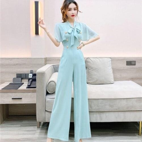 Women 2021 Summer V-neck Jumpsuits Female Solid Color Wide Leg Full Length Pants Ladies Short Sleeve Party Overall Outfit Y147