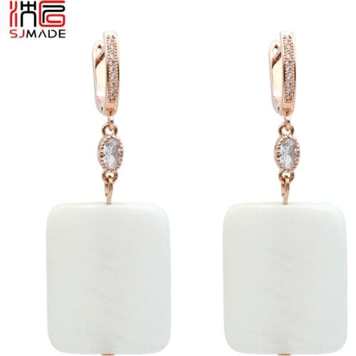 SJMADE Square 585 Rose Gold Dangle Earrings Natural White Shell For Women Girl Wedding Party Jewelry Retro Temperament Eardrop