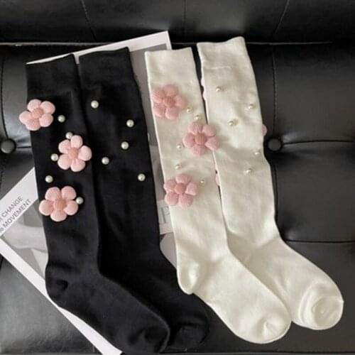 2021Sweet Wind Pearl Three-Dimensional Flowers Black And White Lovely Thin JK Japanese Fashion Brand Womens Calf And Knee Socks