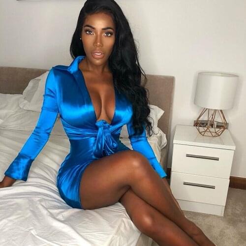 Long Sleeve Ruched Bodycon Party Clothes Autumn Winter Women Sexy Club Outfits Neon Satin Lace Up Mini Dress Ladies 2020 New Hot