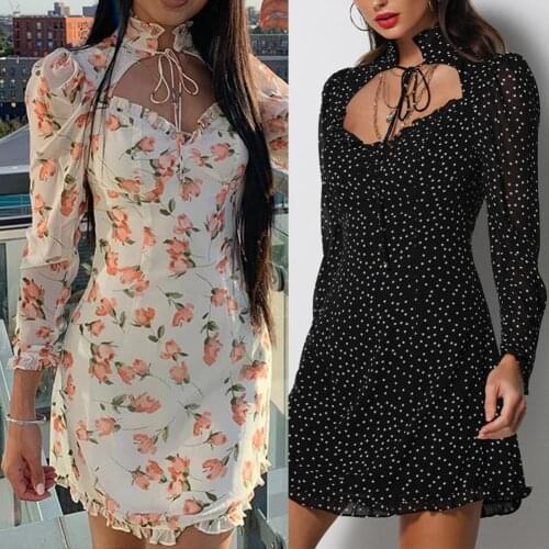 Women Dress 2021 Mini Dress See Through Long Sleeve Summer Sexy Dress Polka Dot Women Dress for Dating