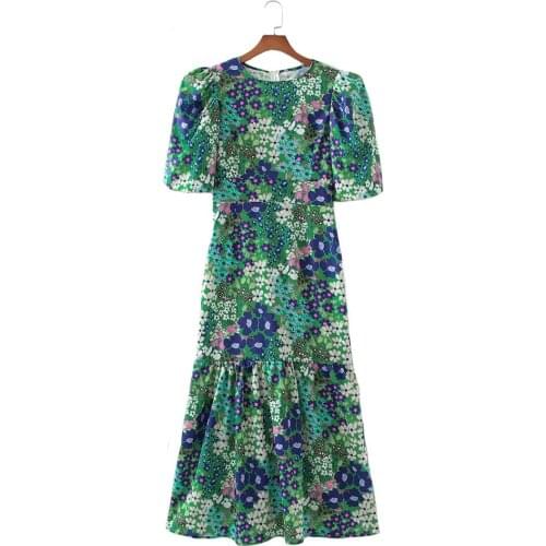 Summer Women Dresses Retro Green Round Neck Digital Print Dress 2021 Ladies Lantern Sleeve High Waist Long Dress Vestidos