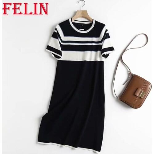 Za 2021 Fashion Autumn Knitted Cotton Sheath Midi Dress Short Sleeve O Neck Striped Patchwork Vintage Dress Elegant Vestidos
