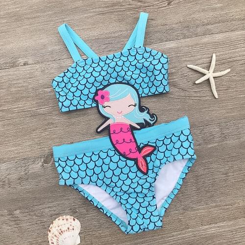 2020 Girls Swimsuit Two Pieces Childrens Swimwear Fish Girls Bikini Set Children Cartoon Falbala Bikinis Bathing Suit A154
