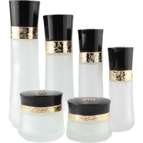 8pcs/Lot Frosted Glass Bottle 120ml100ml60ml 40ml Empty Cosmetics Packaging Lotion Pump Bottle Black Lid Frost Glass Jar 50G 30G