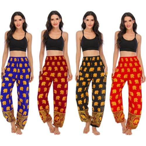 Bohemia Ladies Golden Elephant Printed High Waist Pants Thailand Elastici Waist Jogger Woman Trouser Summer New Thin Harem Pants