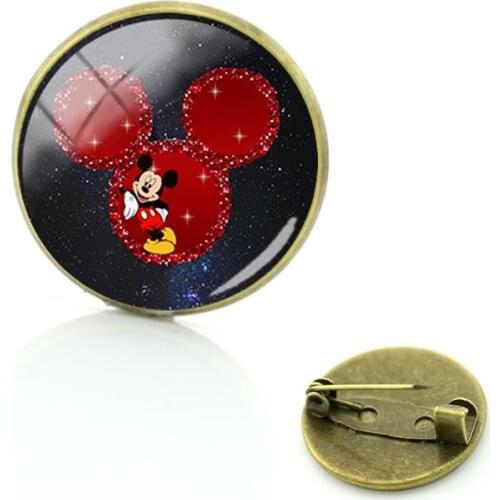Disney Mickey Mouse Brooch Animated Character Image Glass Dome Brooch Clothespin Antique Copper Plated Jewelry