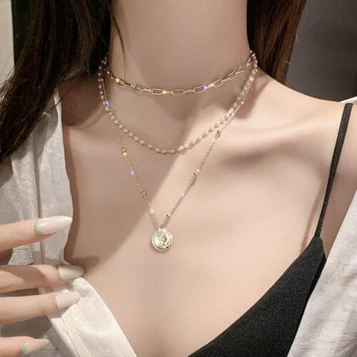 VKME Korean Fashion Vintage Multi Layer Pearl Chain Choker Necklace For Women Geometry Coin Pendant Chains Necklaces Jewelry