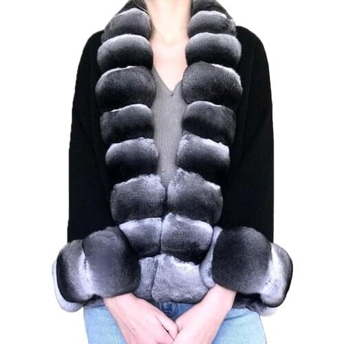 Best Selling Sweater Women Fashion Cropped Cashmere Cardigan Real Rex Rabbit Fur Trim Coat Poncho