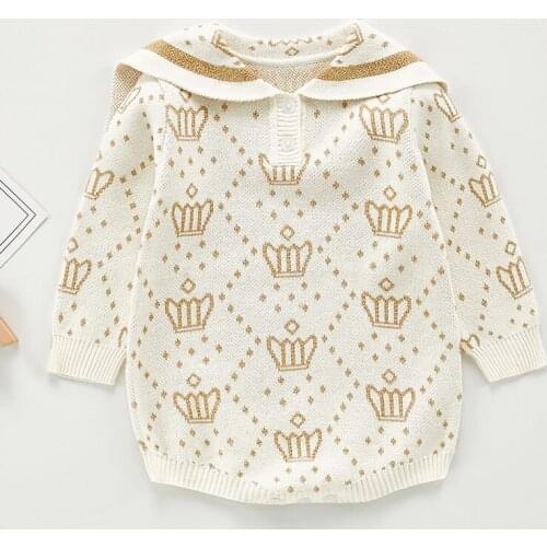 Newborn Girls Jumpsuits Clothes Knitted Long Sleeve Children Rompers New 2020 Autumn Winter Baby Girls Crown Rompers