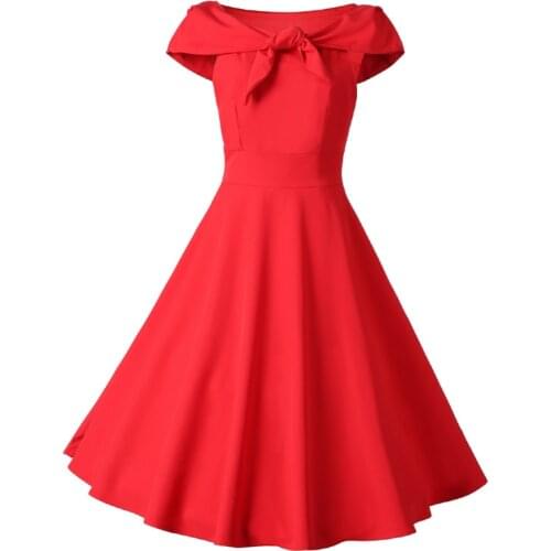 Red Retro Bow Collar Party Dress Short Sleeve Cotton Summer Dress 2020 Elegant 1950s 60s Swing Dresses Female Vintage Clothes