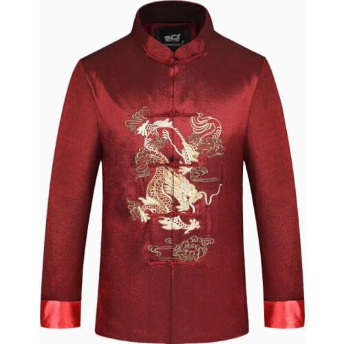 Chinese Style Embroidery Dragon Jacket Men Double Breasted Kung Fu Coat New Male Satin Outwear Chinese National Costume