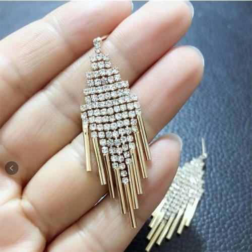 MAIKALE Luxury Rhinestone Tassel Earrings For Women Gold Silver Color Copper Long Fashion Stud Earrings To Friend Gift