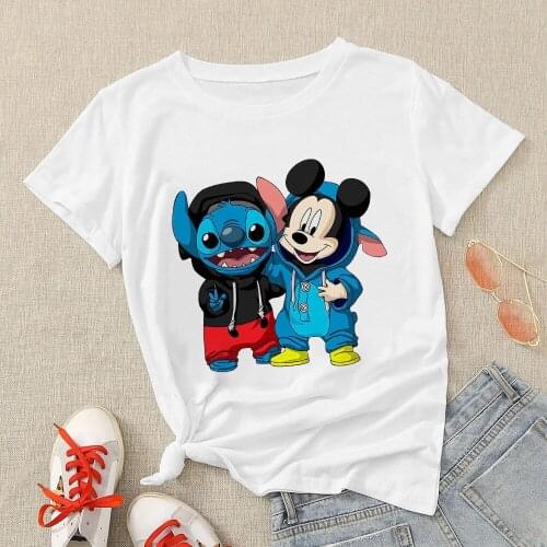 Disney T-Shirts Creative Mickey Mouse and Stitch Friends Harajuku Clothes Casual Women High Quality Modern Clothes Funny Shirt