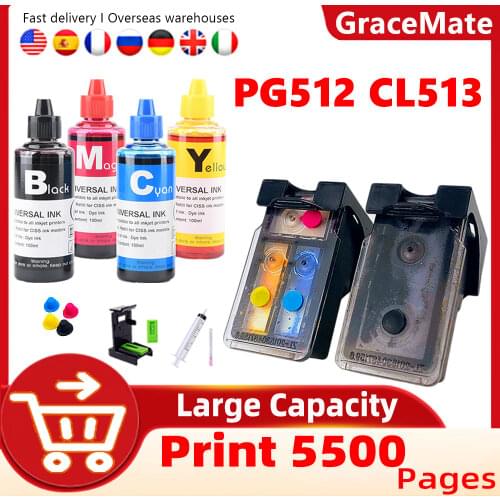 Pg 512 Cl 513 Refillable Ink Cartridge + 400ML Ink for Canon Pixma MP230 MP250 MP240 MP270 MP480 MX350 IP2700 Printer Pg-512