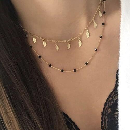 Docona Boho Gold Color Black Beaded Leaf Multilayer Necklace for Women Girl Leaves Choker Necklaces Collares Jewelry 8384