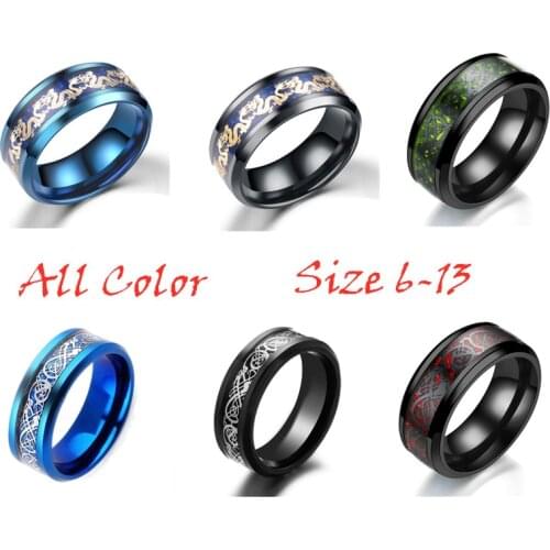 FDLK Stainless Steel Mens Ring Black Green Red Carbon Fiber 8MM Dragon Pattern Wedding Ring Fashion Jewelry Gift Size 6-13