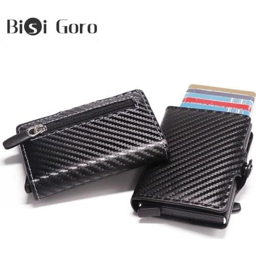 BISI GORO Top Quality Carbon Fiber Anti RFID Credit Card Holder Business Men Button Wallet Male Coin Purse ID Holder With Zipper