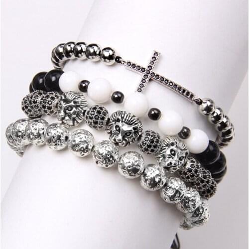 Men cross lion charm Bracelet 4pcs/set Bangle silver color lava stone beads Bracelets Men Luxury Jewelry for male brave gift