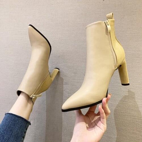 Solid Black Ankle Boots Autumn Square Mid Heels Female Round Toe PU Leather Boots Ladies Casual Slip on Women Shoes Woman Boots