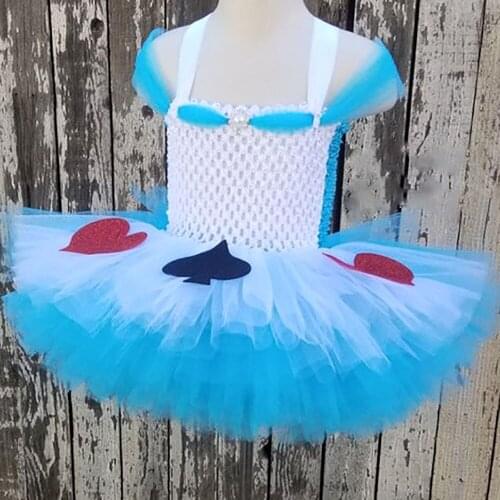 Girls Alice Princess Tutu Dress Kids Crochet White Blue Dress with Straps Heart Children Birthday Party Costume Cosplay Dresses
