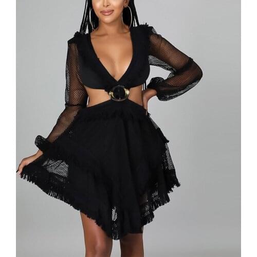 Sexy Dress Women Solid Mesh Asymmetric Deep v Neck Full Sleeve Autumn New Arrivals Backless Elegant Evening Night Club Vestidos