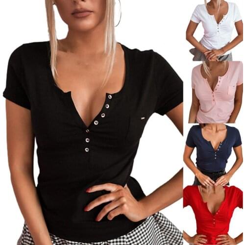 Casual Women Summer Short Sleeve V Neck Solid Color Buttons Slim T-shirt Blouse