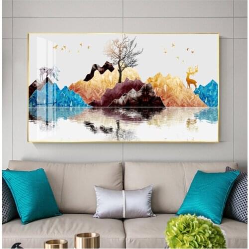 Blue and yellow mountain Golden beer a lonely Tree Modern Wall Art Prints Scandinavian Picture Canvas for porch home hotel Decor