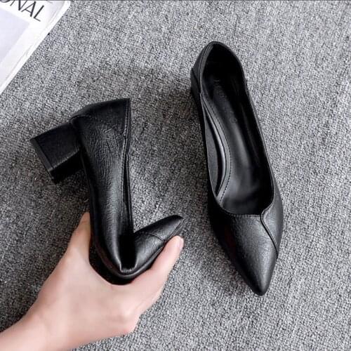 Single Shoes Women Thick Heel 2021 Autumn New Soft Leather Two-wear 3 Cm Small Heel 5 Cm Mid-heel Black Work Womens Shoes