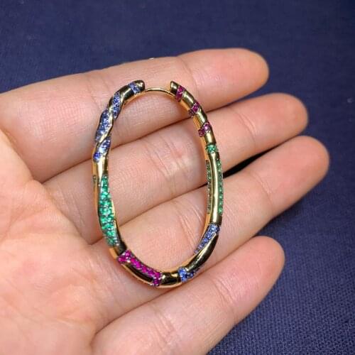 SLJELY 1pc 925 Sterling Silver Yellow Gold Color Single Multicolor Zircon Geometric Pattern Oval Hoop Earring Women Mana Jewelry